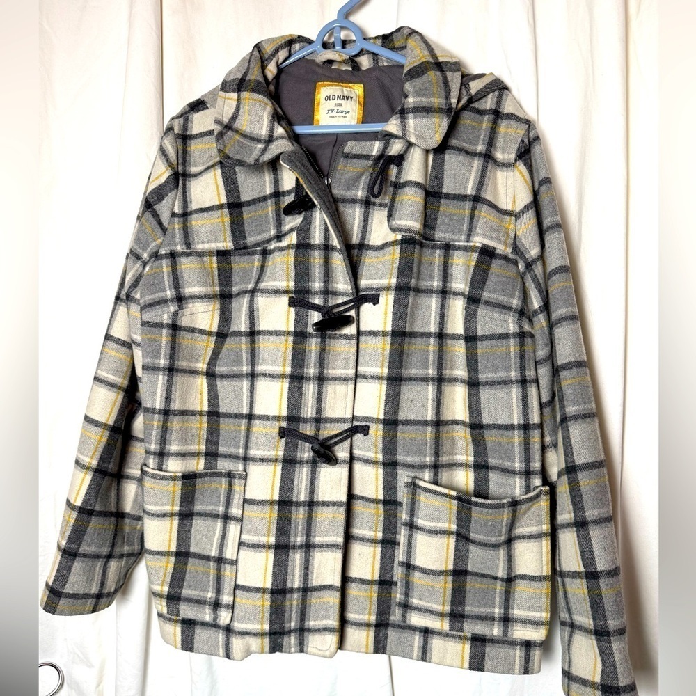 Old Navy Wool Blend Plaid Hooded Peacoat Zipper and Toggles Womens Sz XXL Warm